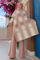 Tesettür giyim EKRU KARELİ TRİKO PANÇO T 20222