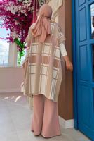 Tesettür giyim EKRU KARELİ TRİKO PANÇO T 20222