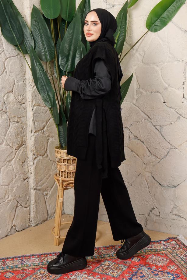 Tesettür giyim SİYAH KOLSUZ YANI BAĞLAMA DETAYLI TRİKO PANÇO T 4508 - TRENDTESETTÜR