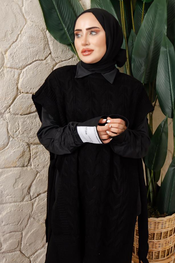 Tesettür giyim SİYAH KOLSUZ YANI BAĞLAMA DETAYLI TRİKO PANÇO T 4508 - TRENDTESETTÜR
