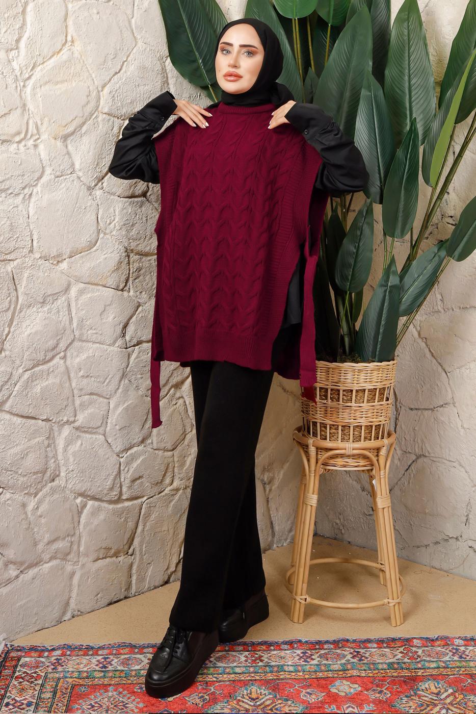 Tesettür giyim BORDO KOLSUZ YANI BAĞLAMA DETAYLI TRİKO PANÇO T 4508