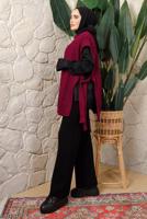 Tesettür giyim BORDO KOLSUZ YANI BAĞLAMA DETAYLI TRİKO PANÇO T 4508