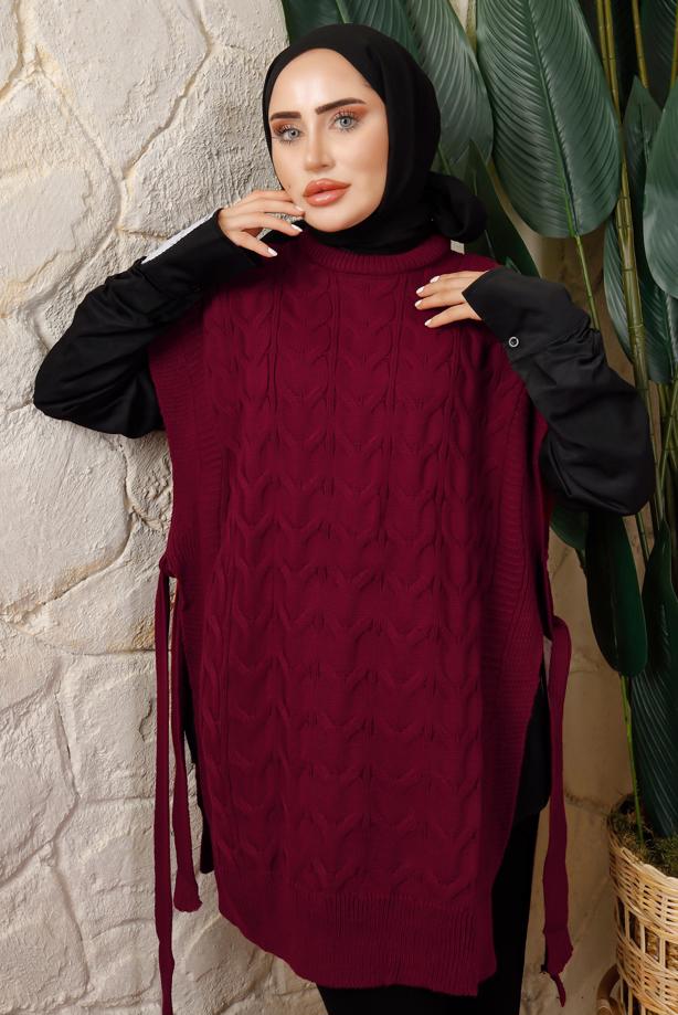 Tesettür giyim BORDO KOLSUZ YANI BAĞLAMA DETAYLI TRİKO PANÇO T 4508 - TRENDTESETTÜR