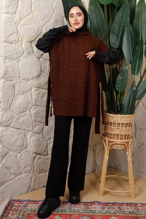 Tesettür giyim KAHVE KOLSUZ YANI BAĞLAMA DETAYLI TRİKO PANÇO T 4508 - TRENDTESETTÜR