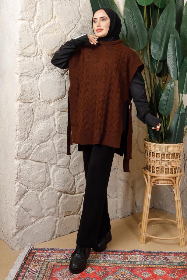 Tesettür giyim KAHVE KOLSUZ YANI BAĞLAMA DETAYLI TRİKO PANÇO T 4508 - TRENDTESETTÜR