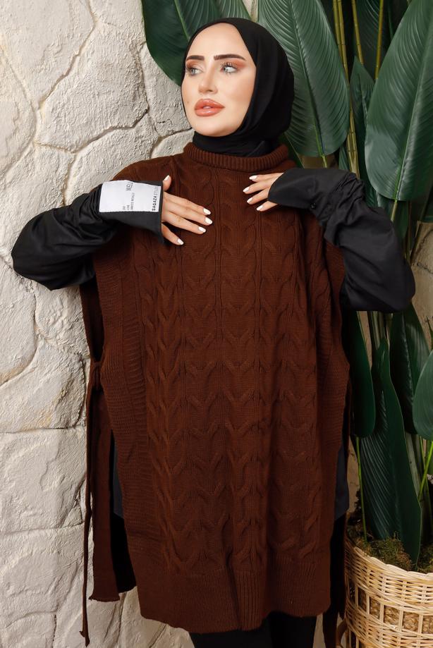 Tesettür giyim KAHVE KOLSUZ YANI BAĞLAMA DETAYLI TRİKO PANÇO T 4508 - TRENDTESETTÜR