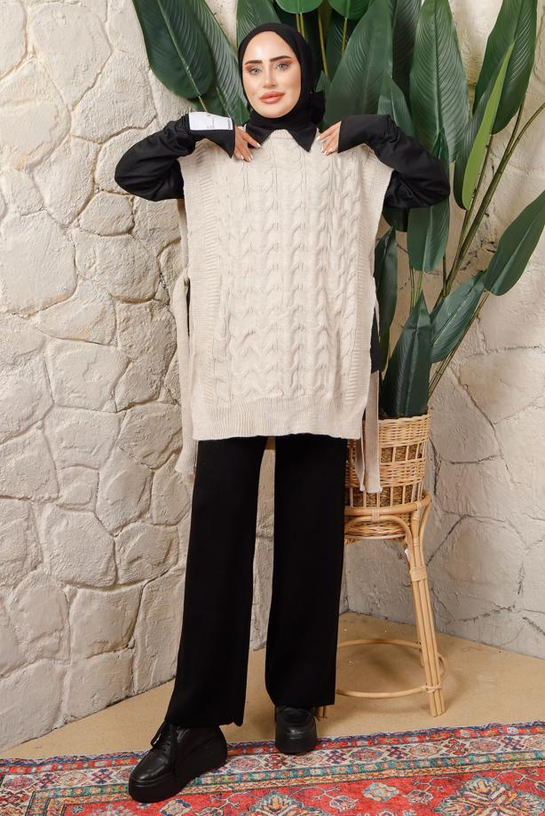 Tesettür giyim BEJ KOLSUZ YANI BAĞLAMA DETAYLI TRİKO PANÇO T 4508 - TRENDTESETTÜR