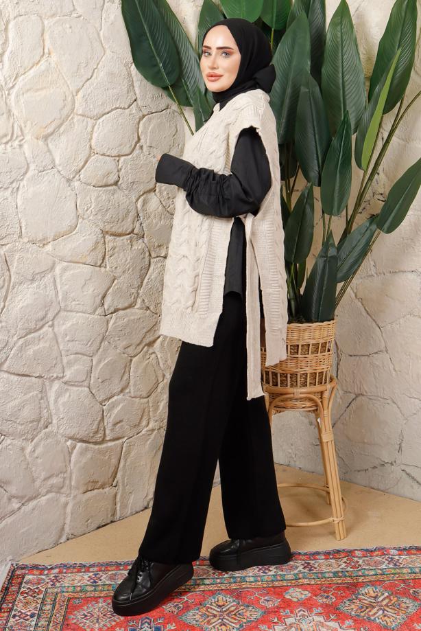 Tesettür giyim BEJ KOLSUZ YANI BAĞLAMA DETAYLI TRİKO PANÇO T 4508 - TRENDTESETTÜR