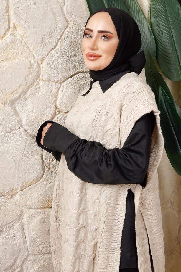 Tesettür giyim BEJ KOLSUZ YANI BAĞLAMA DETAYLI TRİKO PANÇO T 4508 - TRENDTESETTÜR