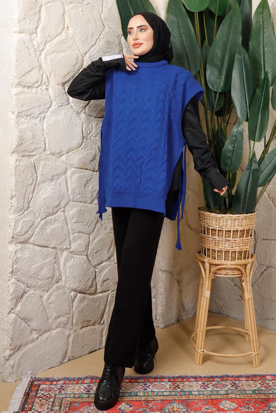 Tesettür giyim LACİVERT KOLSUZ YANI BAĞLAMA DETAYLI TRİKO PANÇO T 4508