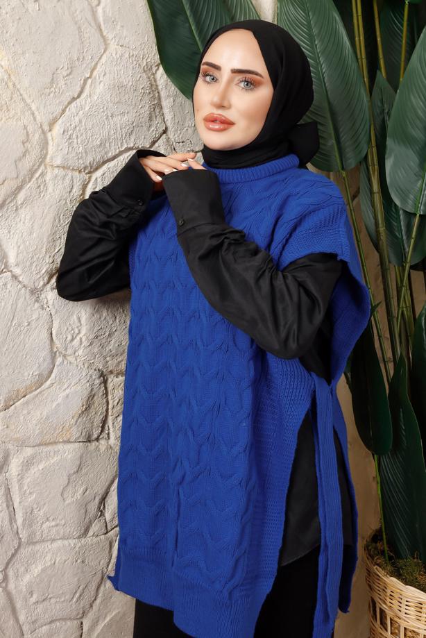 Tesettür giyim LACİVERT KOLSUZ YANI BAĞLAMA DETAYLI TRİKO PANÇO T 4508 - TRENDTESETTÜR