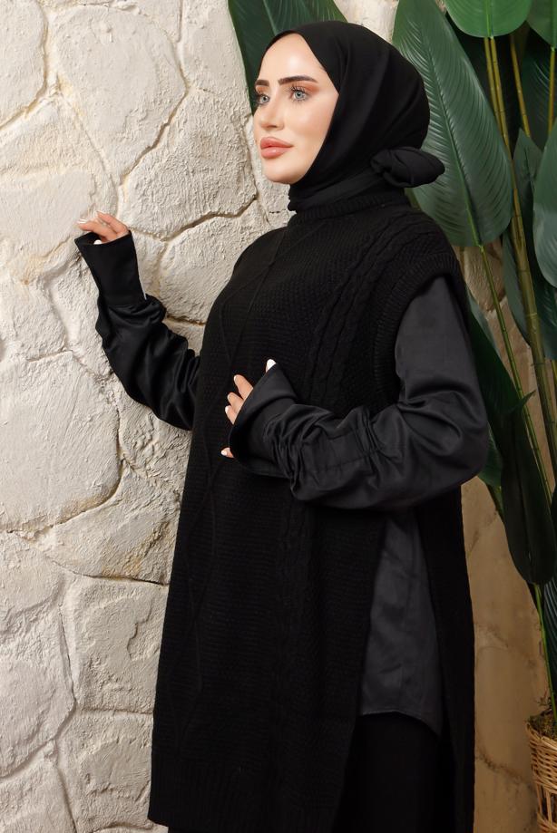 Tesettür giyim SİYAH YANI BAĞLAMA DETAYLI KOLSUZ TRİKO PANÇO T 5208 - TRENDTESETTÜR