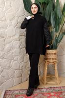 Tesettür giyim SİYAH YANI BAĞLAMA DETAYLI KOLSUZ TRİKO PANÇO T 5208