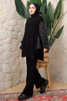 Tesettür giyim SİYAH YANI BAĞLAMA DETAYLI KOLSUZ TRİKO PANÇO T 5208