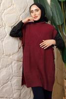 Tesettür giyim BORDO YANI BAĞLAMA DETAYLI KOLSUZ TRİKO PANÇO T 5208