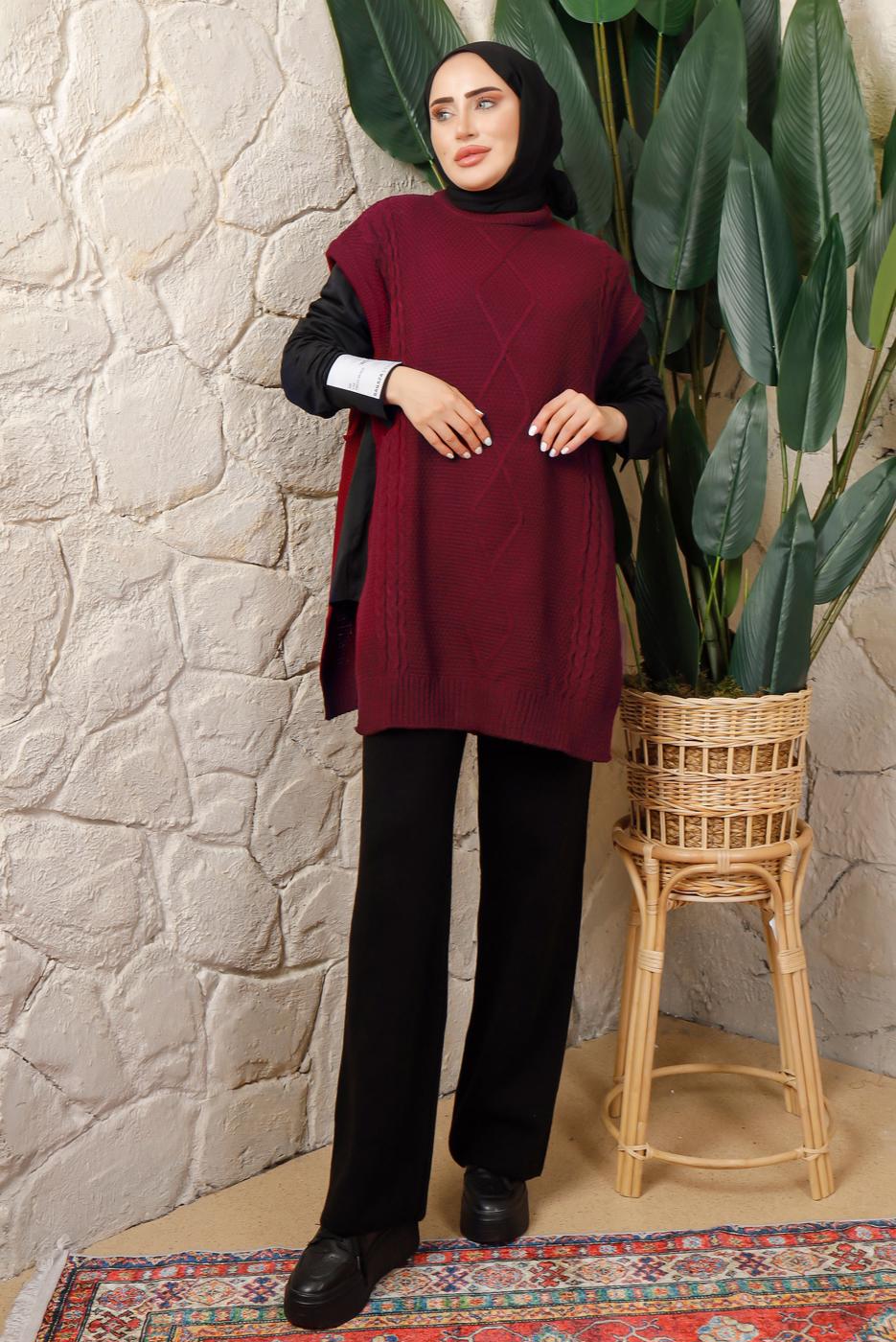 Tesettür giyim BORDO YANI BAĞLAMA DETAYLI KOLSUZ TRİKO PANÇO T 5208