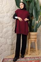 Tesettür giyim BORDO YANI BAĞLAMA DETAYLI KOLSUZ TRİKO PANÇO T 5208
