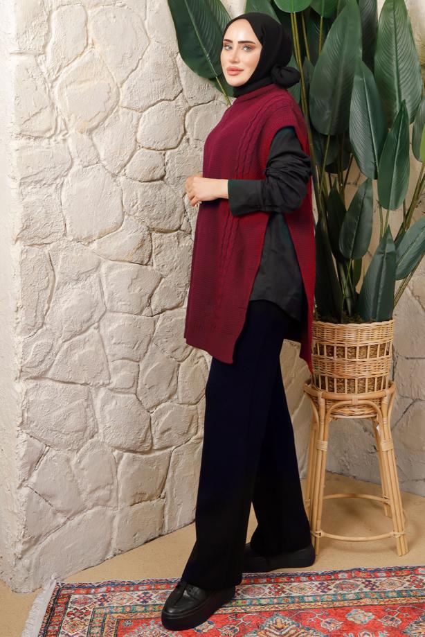 Tesettür giyim BORDO YANI BAĞLAMA DETAYLI KOLSUZ TRİKO PANÇO T 5208 - TRENDTESETTÜR