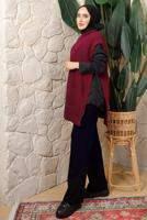 Tesettür giyim BORDO YANI BAĞLAMA DETAYLI KOLSUZ TRİKO PANÇO T 5208