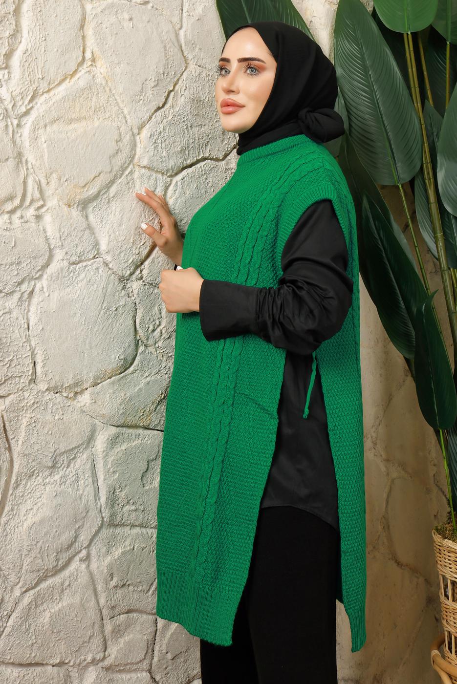 Tesettür giyim YEŞİL YANI BAĞLAMA DETAYLI KOLSUZ TRİKO PANÇO T 5208