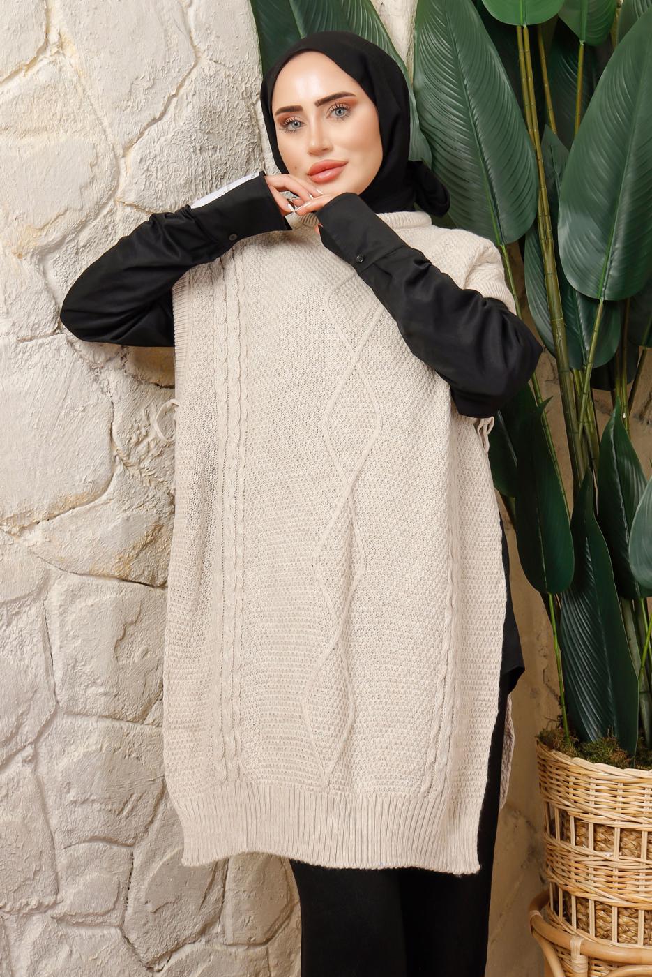 Hijab clothing BEIGE TIED SIDE SLEEVELESS KNITWEAR PONCHO T 5208