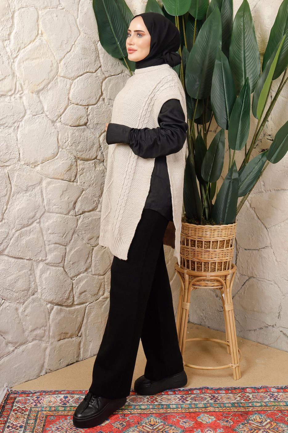 Hijab clothing BEIGE TIED SIDE SLEEVELESS KNITWEAR PONCHO T 5208