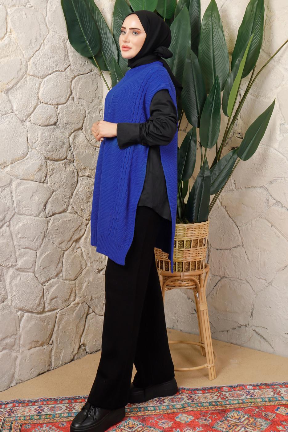 Hijab clothing NAVY BLUE TIED SIDE SLEEVELESS KNITWEAR PONCHO T 5208