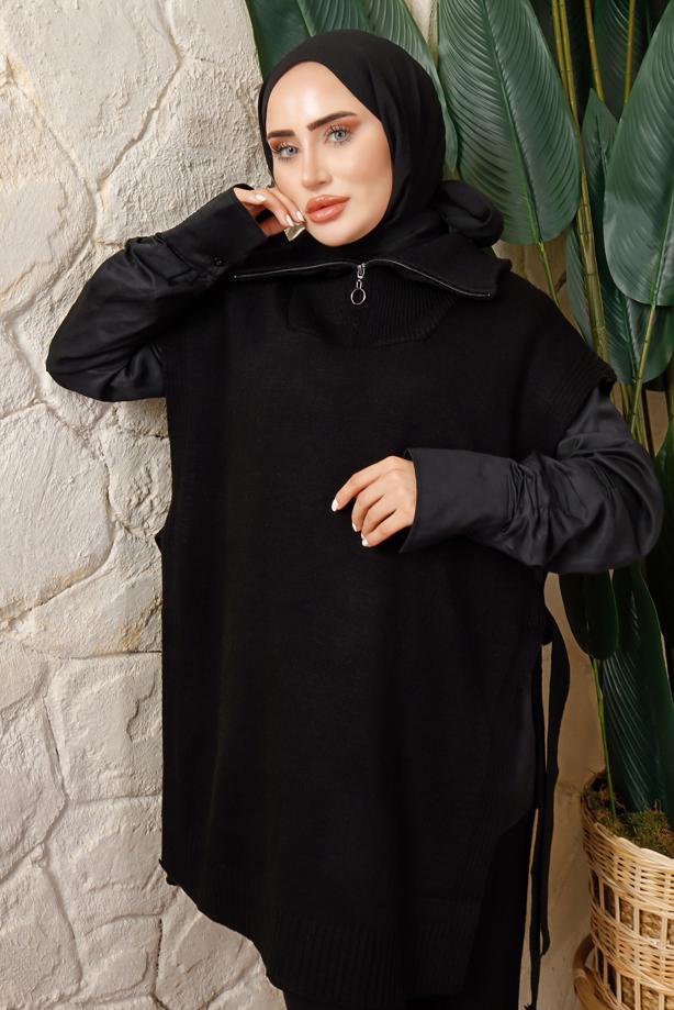 Tesettür giyim SİYAH FERMUAR DETAYLI KOLSUZ TRİKO PANÇO T 6208 - TRENDTESETTÜR