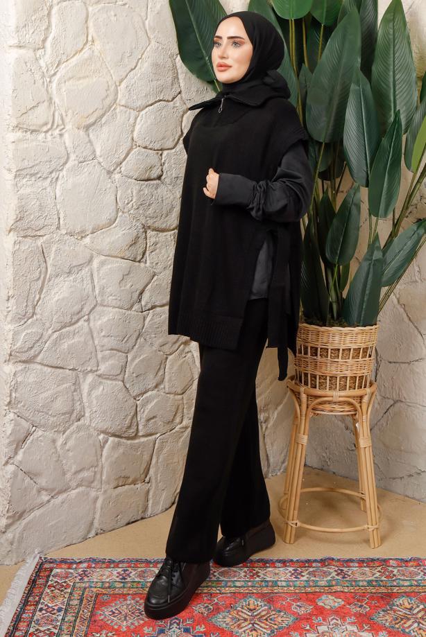 Tesettür giyim SİYAH FERMUAR DETAYLI KOLSUZ TRİKO PANÇO T 6208 - TRENDTESETTÜR