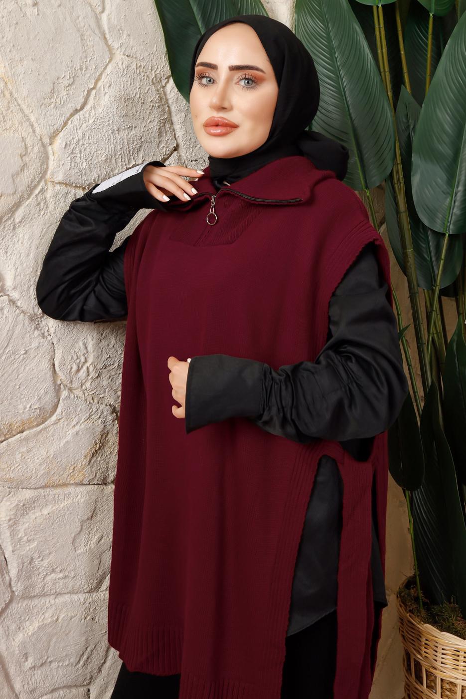 Tesettür giyim BORDO FERMUAR DETAYLI KOLSUZ TRİKO PANÇO T 6208