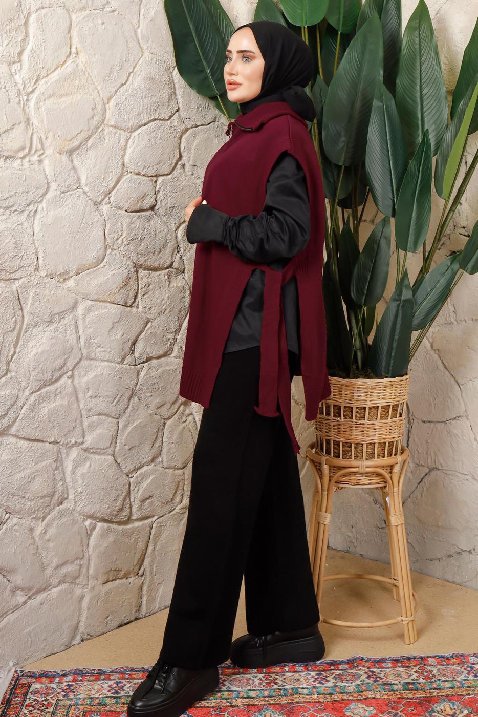 Tesettür giyim BORDO FERMUAR DETAYLI KOLSUZ TRİKO PANÇO T 6208