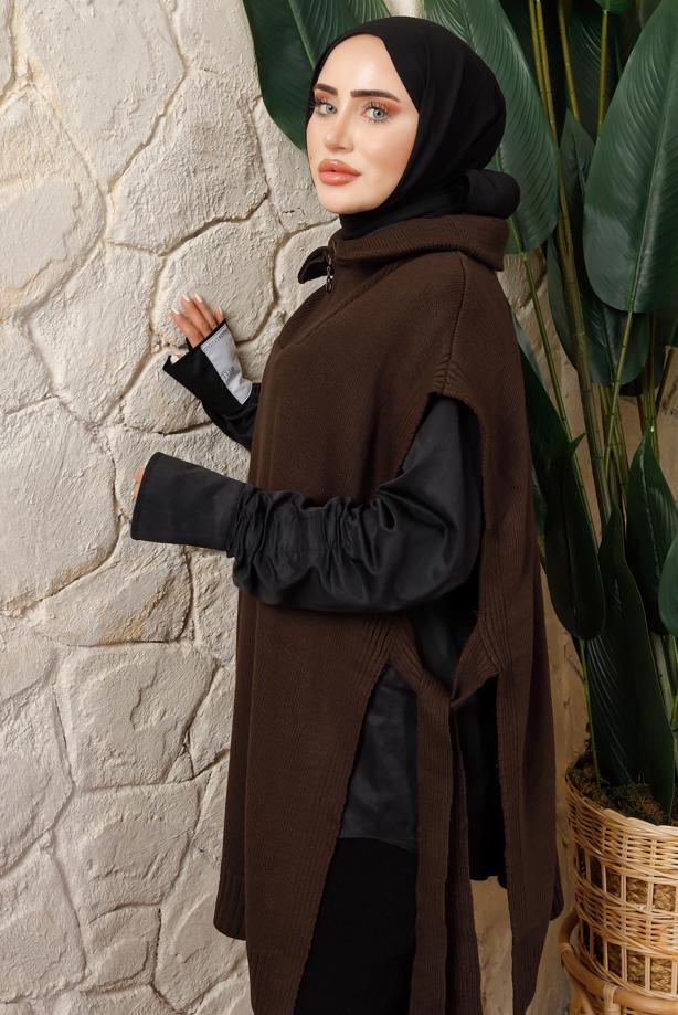 Tesettür giyim KAHVE FERMUAR DETAYLI KOLSUZ TRİKO PANÇO T 6208 - TRENDTESETTÜR