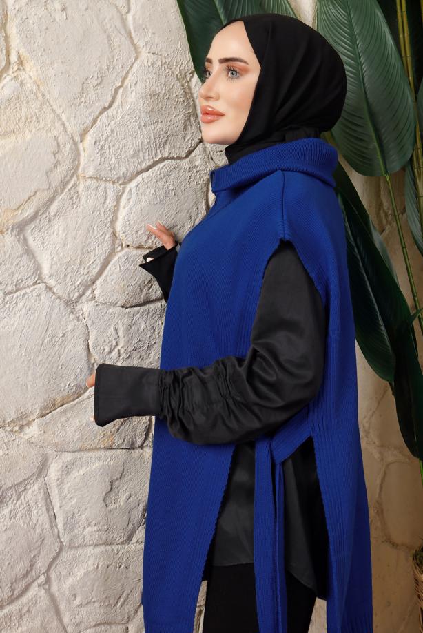 Tesettür giyim LACİVERT FERMUAR DETAYLI KOLSUZ TRİKO PANÇO T 6208 - TRENDTESETTÜR