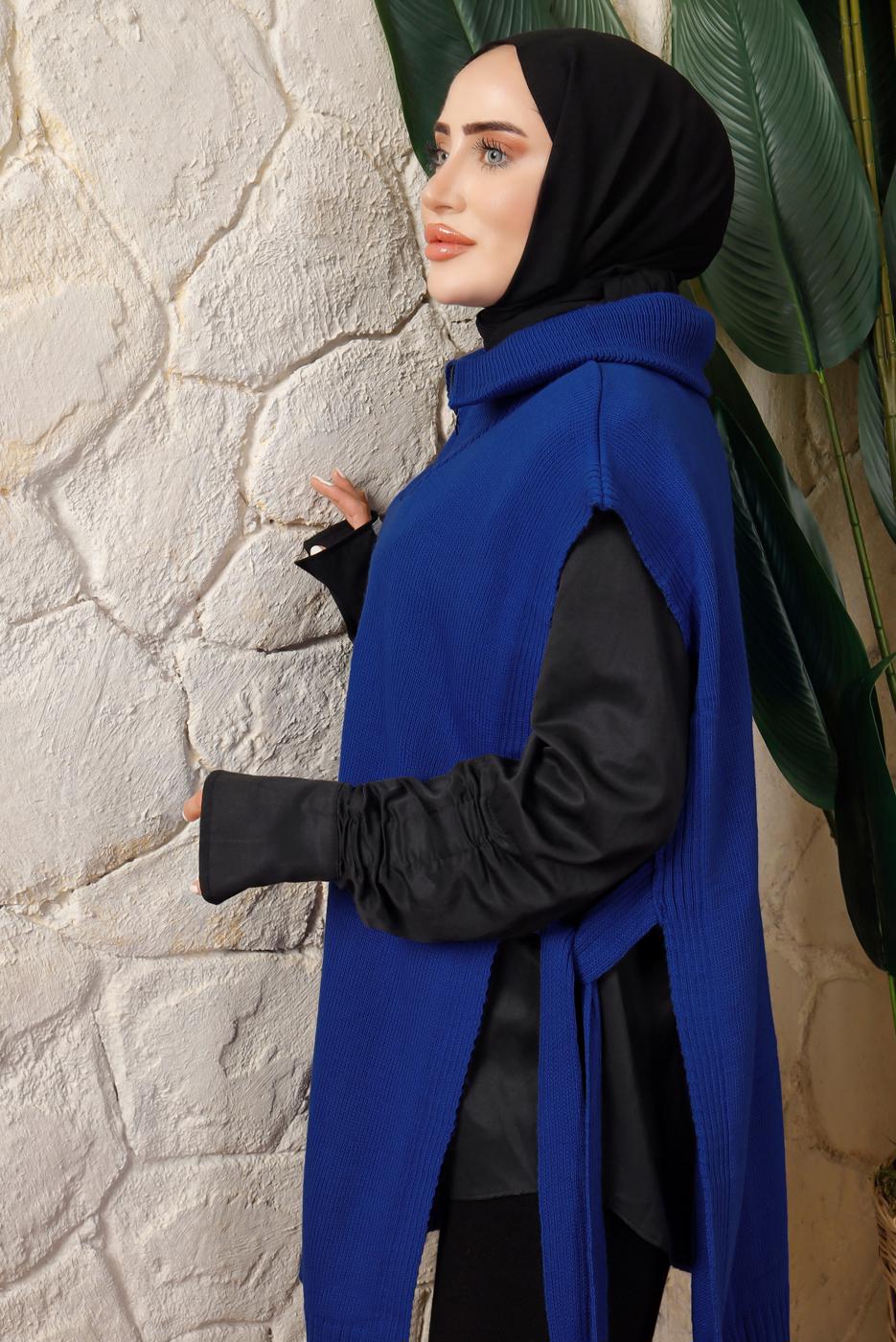 Tesettür giyim LACİVERT FERMUAR DETAYLI KOLSUZ TRİKO PANÇO T 6208