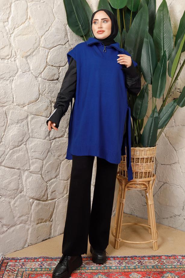 Tesettür giyim LACİVERT FERMUAR DETAYLI KOLSUZ TRİKO PANÇO T 6208 - TRENDTESETTÜR