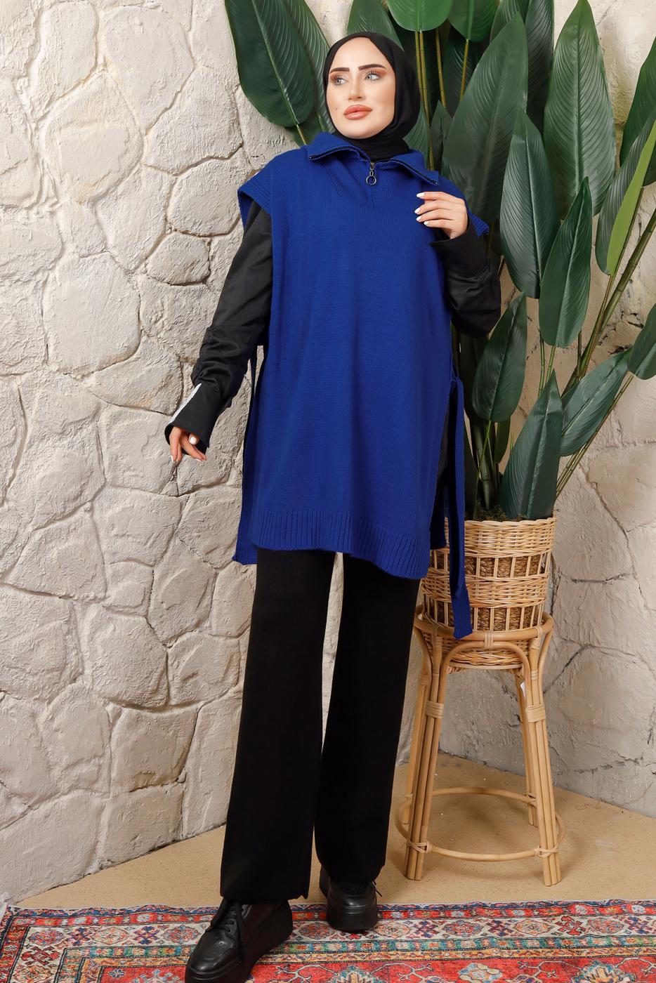 Tesettür giyim LACİVERT FERMUAR DETAYLI KOLSUZ TRİKO PANÇO T 6208
