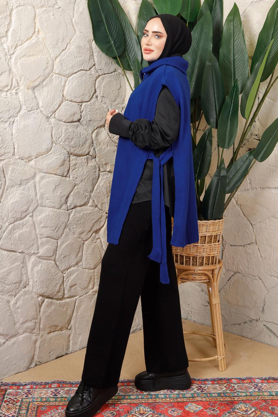 Tesettür giyim LACİVERT FERMUAR DETAYLI KOLSUZ TRİKO PANÇO T 6208