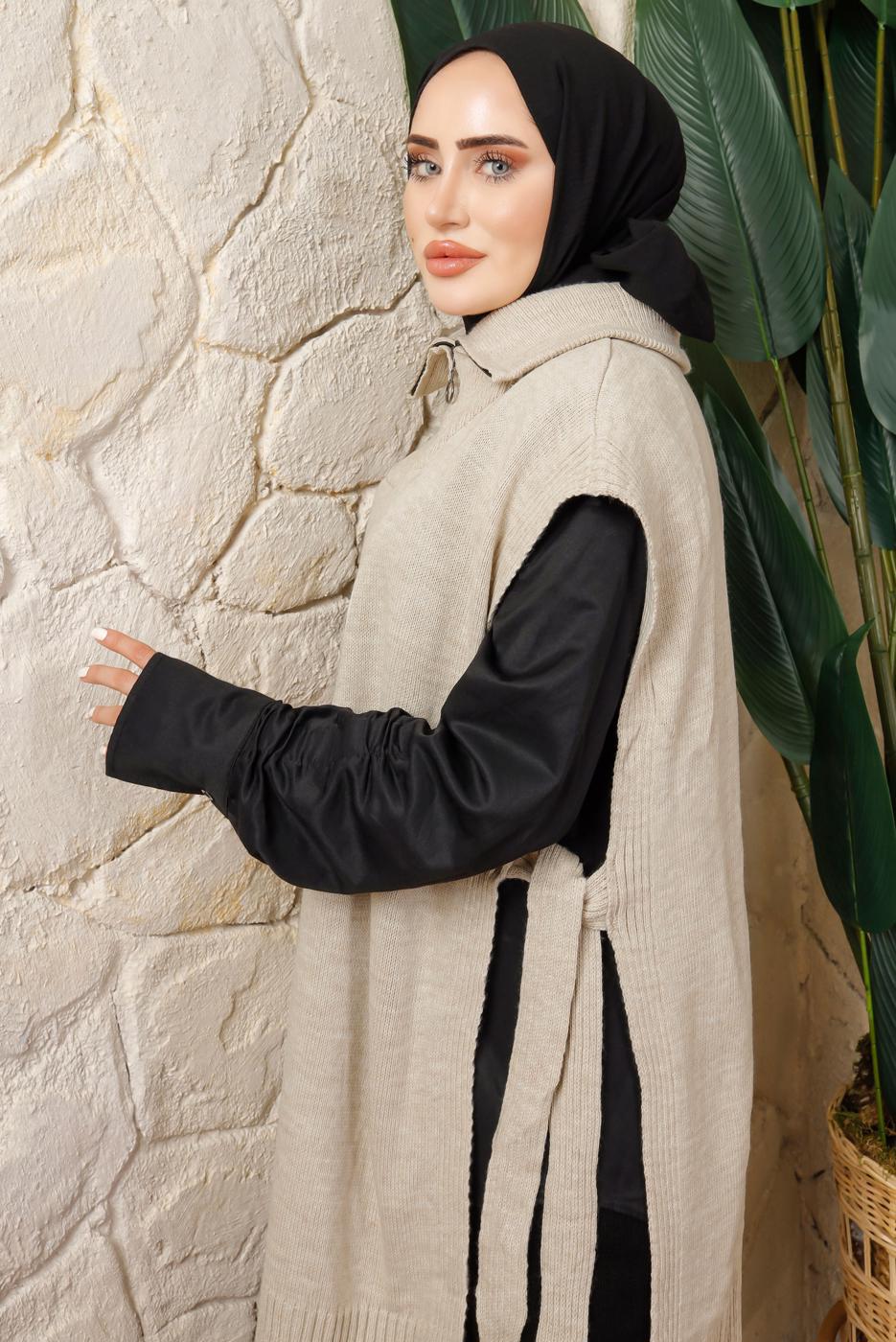 Tesettür giyim BEJ FERMUAR DETAYLI KOLSUZ TRİKO PANÇO T 6208