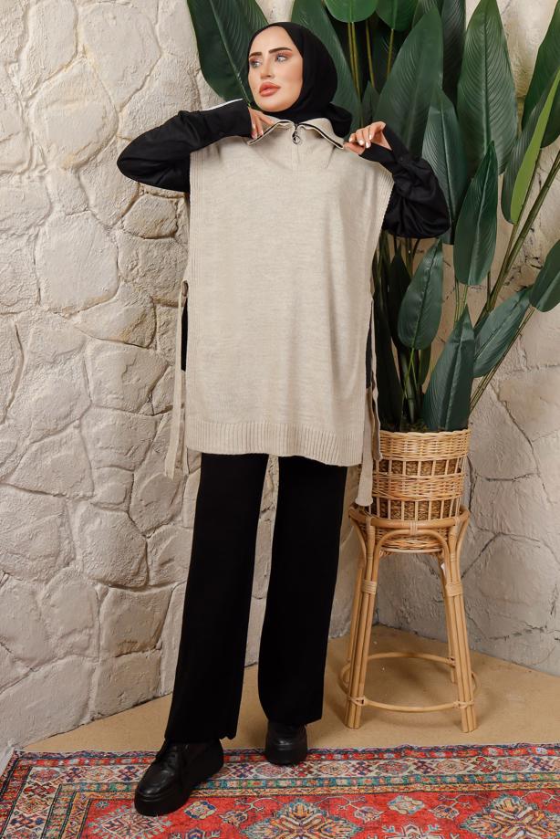 Tesettür giyim BEJ FERMUAR DETAYLI KOLSUZ TRİKO PANÇO T 6208 - TRENDTESETTÜR