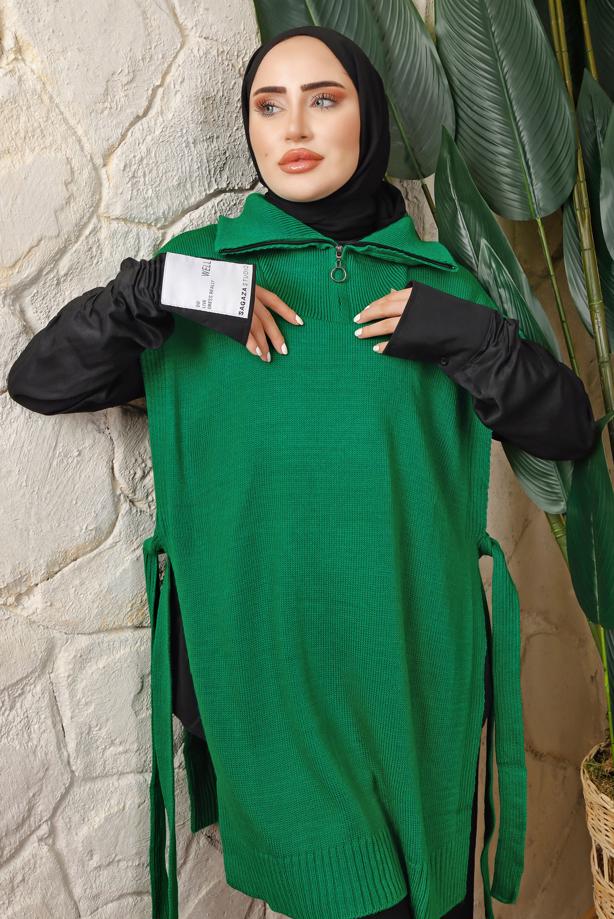 Tesettür giyim YEŞİL FERMUAR DETAYLI KOLSUZ TRİKO PANÇO T 6208 - TRENDTESETTÜR