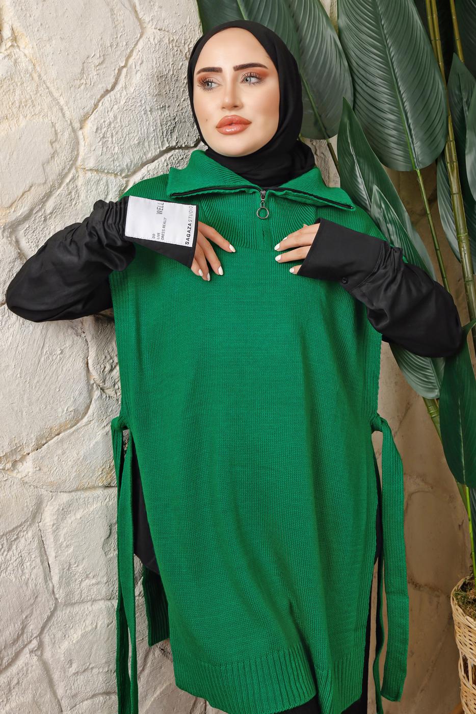 Tesettür giyim YEŞİL FERMUAR DETAYLI KOLSUZ TRİKO PANÇO T 6208
