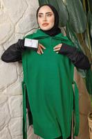 Tesettür giyim YEŞİL FERMUAR DETAYLI KOLSUZ TRİKO PANÇO T 6208