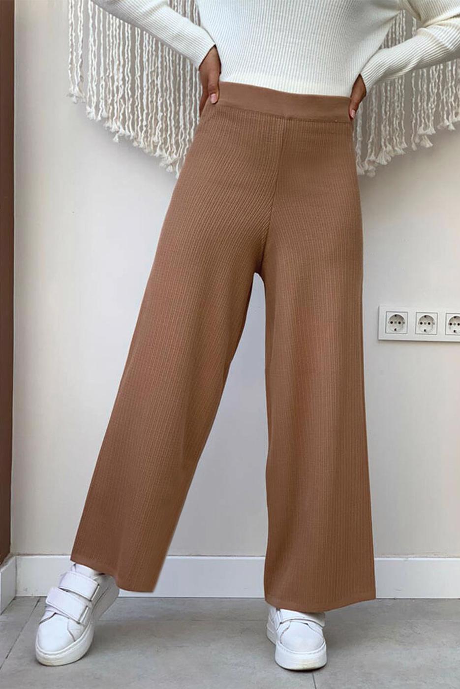 Tesettür giyim TABA GENİŞ PAÇA TRİKO PANTOLON T 63222