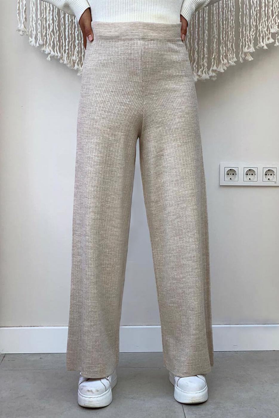 Tesettür giyim BEJ GENİŞ PAÇA TRİKO PANTOLON T 63222