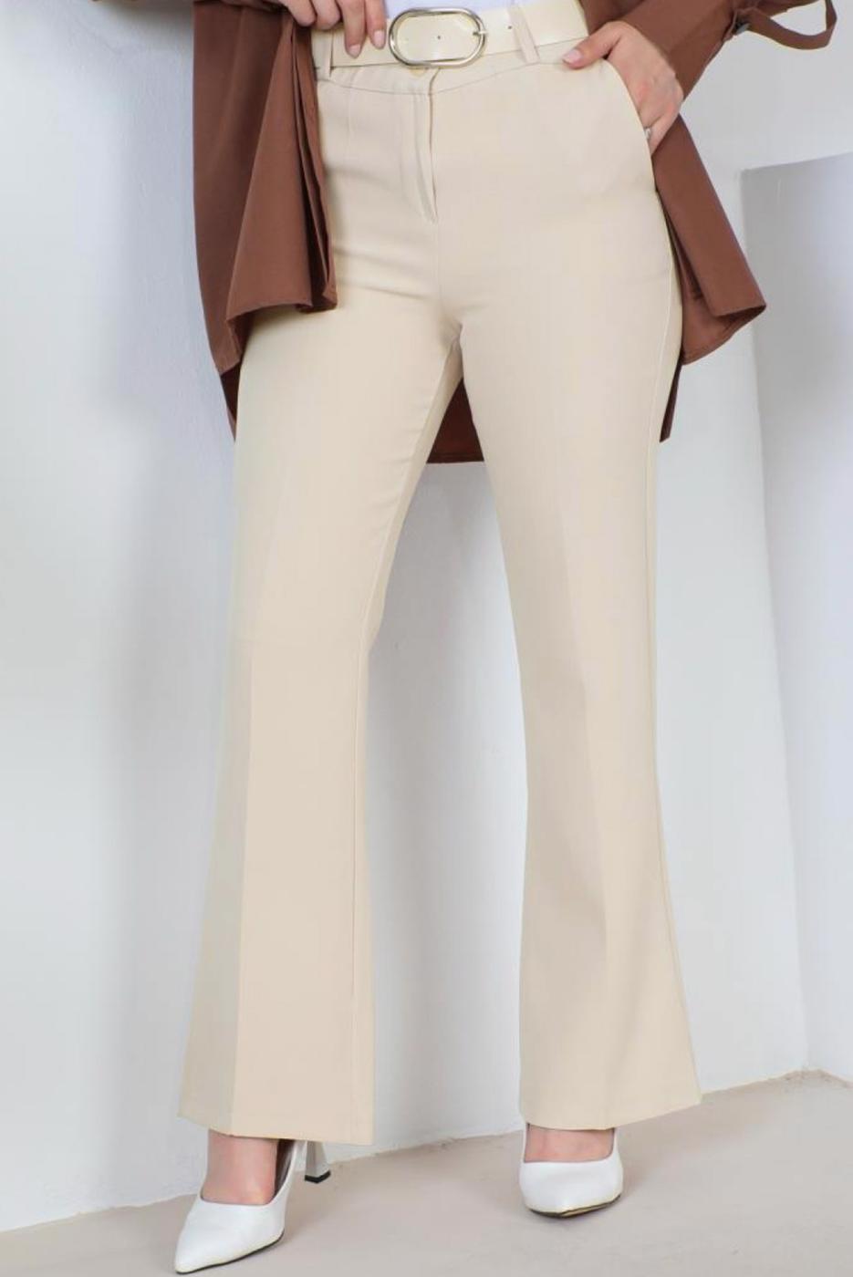 Tesettür giyim KREM KEMERLİ KUMAŞ PANTOLON T 8356