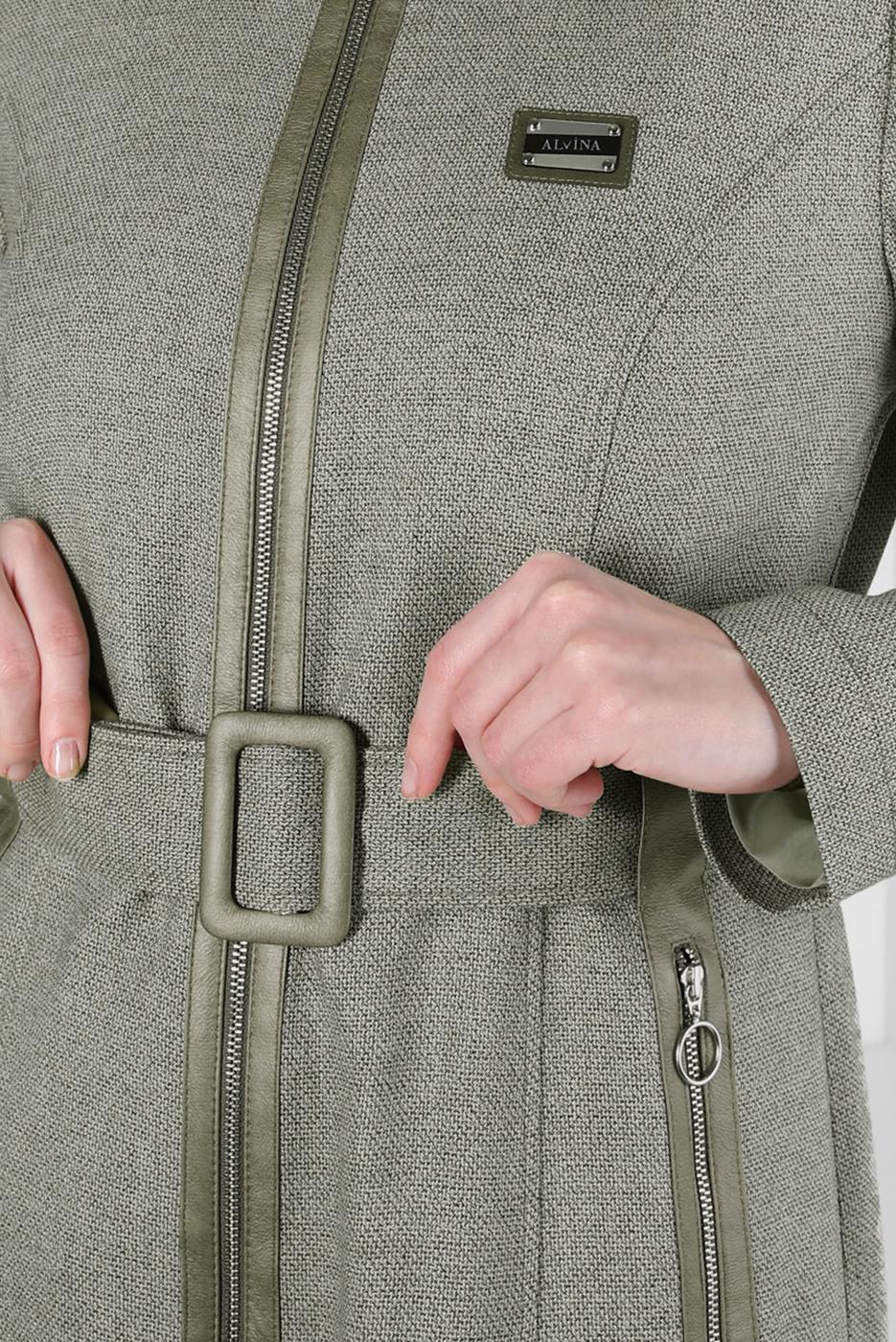 Tesettür giyim HAKİ ALVİNA KEMERLİ PARDESÜ T 10825