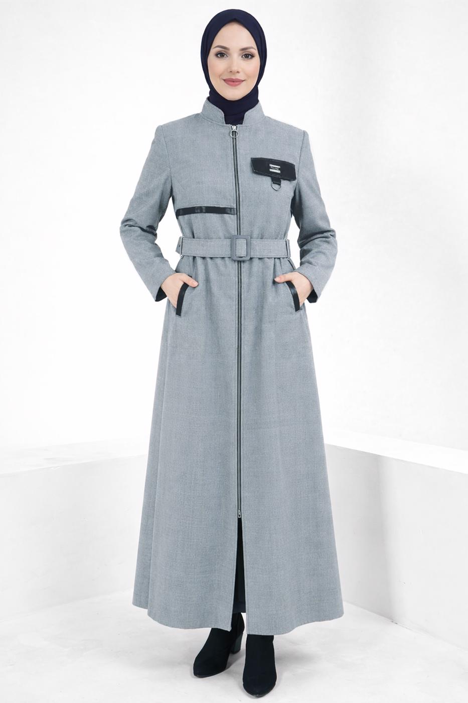Tesettür giyim LACİVERT ALVİNA KEMERLİ PARDESÜ T 10827