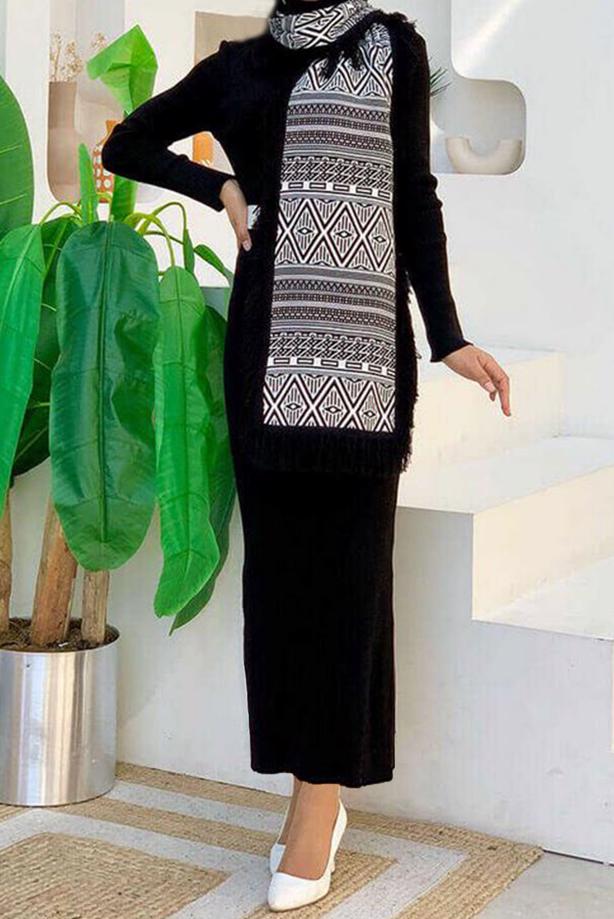 Tesettür giyim SİYAH ETNİK DESENLİ TRİKO ŞAL T 33222 - TRENDTESETTÜR
