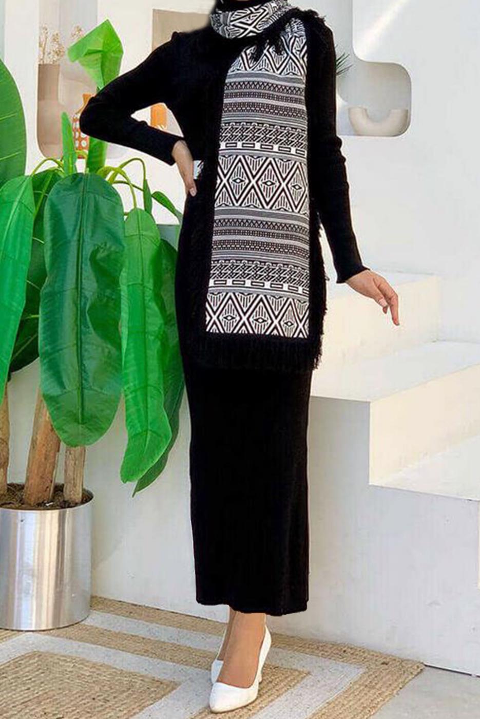 Tesettür giyim SİYAH ETNİK DESENLİ TRİKO ŞAL T 33222