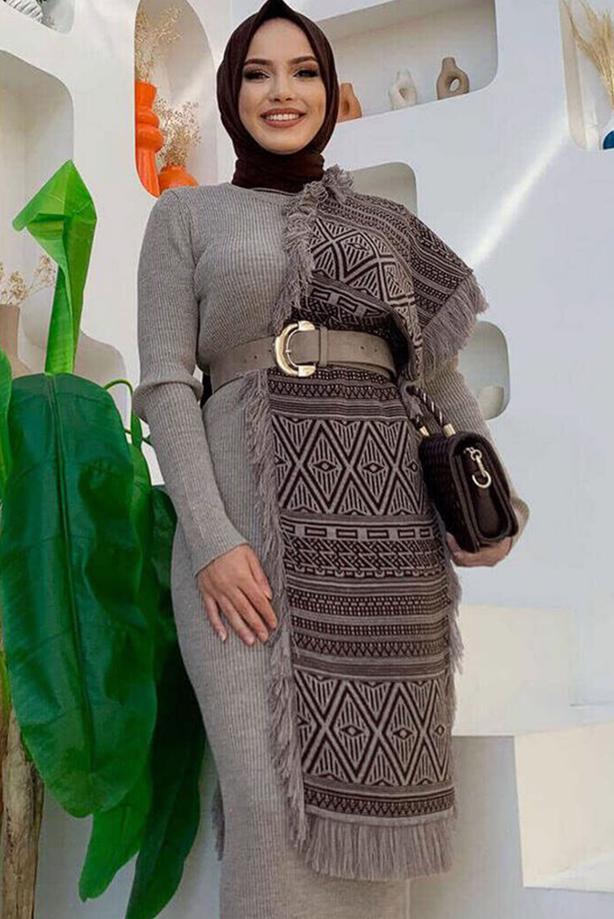 Tesettür giyim KAHVE ETNİK DESENLİ TRİKO ŞAL T 33222 - TRENDTESETTÜR